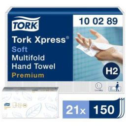 Essuie-mains Tork Premium Xpress extra doux - 100289 - 2 plis en Z - colis de 21 paquets de 150 - pour TORK H2