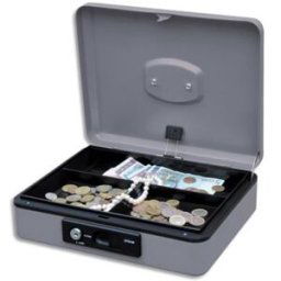 Caisse à monnaie Pavo 25cm/3 compartiments - ouverture auto bouton poussoir + serrure cylindrique - grise