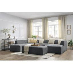 Canapé panoramique fixe MEGEVE avec pouf tissu texturé gris foncé angle droit BOBOCHIC 6 places Angle droit