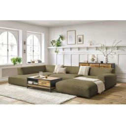 Canapé panoramique fixe compact LAVENA tissu velours vert angle droit BOBOCHIC 6 places Angle droit