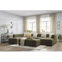 Canapé panoramique fixe MEGEVE avec pouf tissu texturé vert angle droit BOBOCHIC 6 places Angle droit