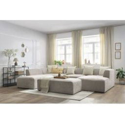 Canapé panoramique fixe MEGEVE avec pouf tissu texturé beige angle droit BOBOCHIC 6 places Angle droit