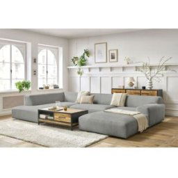 Canapé panoramique fixe compact LAVENA tissu velours gris clair angle droit BOBOCHIC 6 places Angle droit