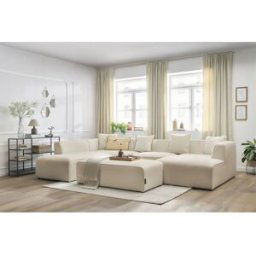 Canapé panoramique fixe MEGEVE avec pouf tissu bouclette beige angle droit BOBOCHIC 6 places Angle droit