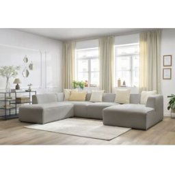 Canapé panoramique fixe MEGEVE tissu bouclette gris clair angle droit BOBOCHIC 5 places Angle droit