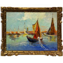 ART Tableau ancien, Marine à Saint-Tropez, signé, années 50/60 multicolore 40x2x33
