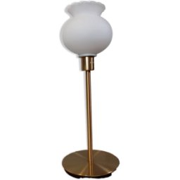 Lampe de salon pied métal doré, globe opalin blanc mat, vintage blanc 15x0x40