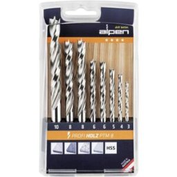 Alpen 600093100 Jeu de forets pour le bois 8 pièces 3 mm, 4 mm, 5 mm, 6 mm, 8 mm, 10 mm tige cylindrique 1 set