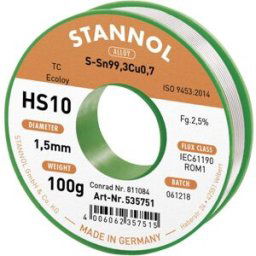 Stannol HS10 2510 Étain à souder sans plomb bobine Sn99,3Cu0,7 ROM1 100 g 1.5 mm