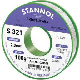 Stannol S321 2,0% 2,0MM SN99,3CU0,7 CD 100G Étain à souder sans plomb sans plomb, bobine Sn99,3Cu0,7 ORH1 100 g 2 mm