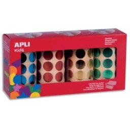 Boîte de 4 rouleaux de gommettes Apli Kids 5640 unités rondes - 20mm - couleur assorties bleues, rouges, vertes, jaunes