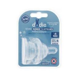 Dodie Tétine Initiation+ Ronde 3 Vitesses - Col Large - +6 Mois - Silicone Débit 4 - Liquide Épais - Lot de 2 - Blister 2 tétines