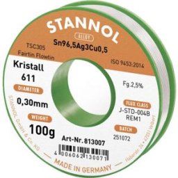 Stannol Kristall 611 Fairtin Étain à souder sans plomb sans plomb Sn96,5Ag3Cu0,5 REM1 100 g 0.3 mm