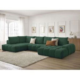 Canapé panoramique convertible coffre EVEREST tissu texturé vert angle droit BOBOCHIC 6 places Angle droit