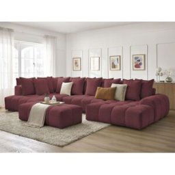 Canapé panoramique convertible coffre EVEREST tissu chiné avec pouf rouge angle droit BOBOCHIC 7 places Angle droit