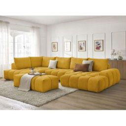 Canapé panoramique convertible coffre EVEREST tissu texturé avec pouf jaune angle droit BOBOCHIC 7 places Angle droit