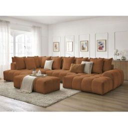 Canapé panoramique convertible coffre EVEREST tissu chiné avec pouf orange angle droit BOBOCHIC 7 places Angle droit