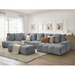 Canapé panoramique convertible coffre EVEREST tissu chiné avec pouf gris foncé angle droit BOBOCHIC 7 places Angle droit