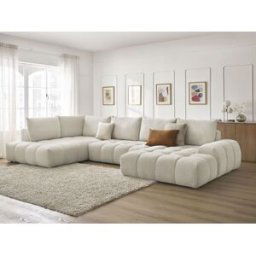 Canapé panoramique convertible coffre EVEREST tissu texturé beige angle droit BOBOCHIC 6 places Angle droit