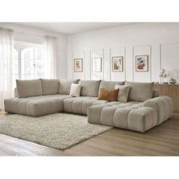 Canapé panoramique convertible coffre EVEREST tissu chiné taupe angle droit BOBOCHIC 6 places Angle droit