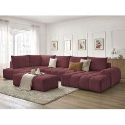 Canapé panoramique convertible coffre EVEREST tissu chiné avec pouf rouge angle droit BOBOCHIC 7 places Angle droit
