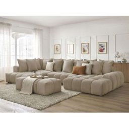 Canapé panoramique convertible coffre EVEREST tissu texturé avec pouf taupe angle droit BOBOCHIC 7 places Angle droit