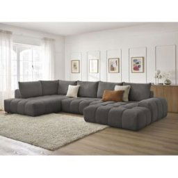 Canapé panoramique convertible coffre EVEREST tissu texturé gris foncé angle droit BOBOCHIC 6 places Angle droit