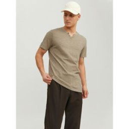 jack & jones T-shirt Standard Fit Col fendu Manches courtes Gris Clair beige en coton XXL male