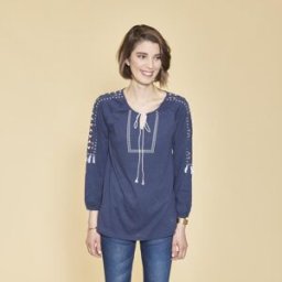 3 SUISSES Tee-shirt col caftan manches longues élastiquées avec pompons femme - Bleu Indigo en coton M female