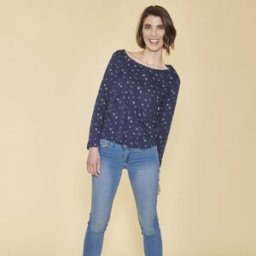 3 SUISSES Tee-shirt carré imprimé manches longues femme - Bleu Marine en coton M female