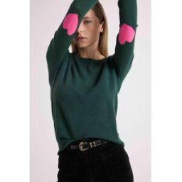 Maison Héritage Pull col rond coudes c?urs femme ZAIME en cachemire vert bouteille et coeurs rose M female
