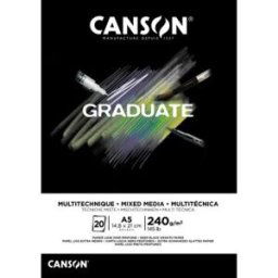 Bloc de 20 feuilles Canson GRADUATE Mixed Media - Format A5 - 240 grammes - Papier lisse noir profond - Collé