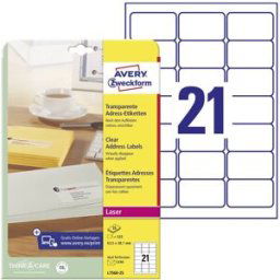 Avery Zweckform L7560-25 Etiquette pour adresse 63.5 x 38.1 mm film de polyester transparent 525 pc(s) fixation permanente imprimante à jet dencre, imprimante