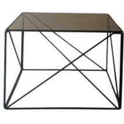 Table basse isocèle en métal filaire et en verre fumé noir, Max Sauze design 1970 noir 45x45x31
