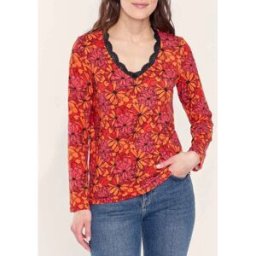 Blouses La Fiancee Du Mekong Top imprimé maille chaude dentelle TAMA Rouge