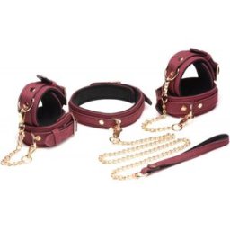 Master Series Ensemble BDSM 6 pièces en daim avec menottes, collier et sangle - Bordeaux