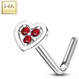 Piercing Street Piercing nez Or blanc 14 carats coeur trois strass rouges - Argenté