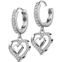 Piercing Street Paire boucles d'oreille anneaux plaqué platine coeurs strass - Argenté