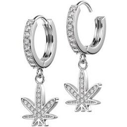 Piercing Street Paire boucles d'oreille anneaux plaqué platine feuille cannabis strass - Argenté