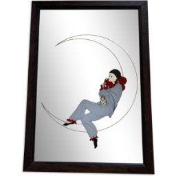 Miroir ancien collector vintage avec dessin / sérigraphie de Pierrot au clair de la lune 70's 80's marron 22x1x32