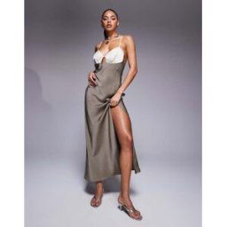 ASOS DESIGN - Robe longue en satin Ã bretelles avec corsage color block - Kaki et crÃ¨me-Multicolore Multicolore 34 female