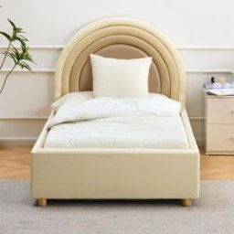 3S. x Home Lit simple avec tête de lit en arche et sommier relevable Bedbow Simili Beige unisex