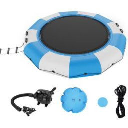 VEVOR Trampoline Aquatique Gonflable, Trampoline sur l’Eau 415x60 cm, Plate-forme de Natation Portable avec Échelle et Pompe à Air Électrique, Rebondisseur Flottant pour Enfants, Piscine, Bleu Blanc