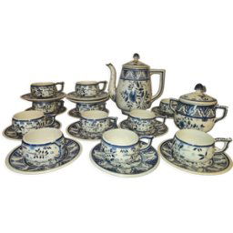 ART Ancien service à café en Faïence Henriot Quimper à décor floral et élégant bleu multicolore 22x14x22