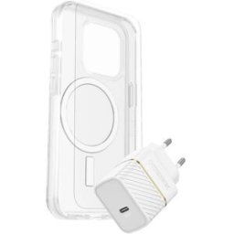 Otterbox KIT EU Set étui + verre de protection + chargeur Apple iPhone 15 Pro transparent, blanc compatible avec MagSafe 78-81240