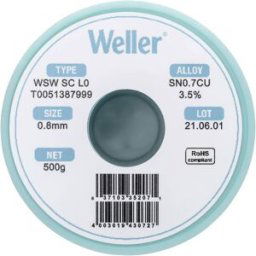 Étain à souder sans plomb Sn0,7Cu 0.8 mm Weller WSW SC L0 bobine 500 g