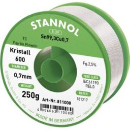Stannol Kristall 600 Fairtin Étain à souder sans plomb sans plomb Sn99,3Cu0,7 REL0 250 g 0.7 mm