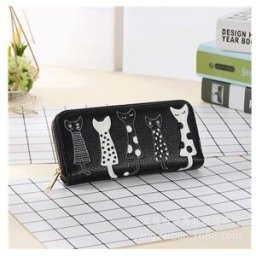VT0164B Women Cards Holder Cute Cartoon Cats Leather Wallet Black