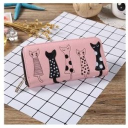 VT0164B Women Cards Holder Cute Cartoon Cats Leather Wallet Pink