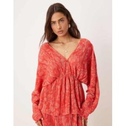YAS - Top d'ensemble plissÃ© avec dÃ©colletÃ© plongeant et imprimÃ© fleurs - Rouge et rose Rouge 12 female